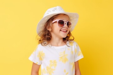 Portrait of a cute little girl in summer hat and sunglasses over yellow background