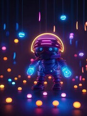 Neon lights futuristic technology background design with 3d cyborg robot character illustration. - 705325542