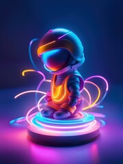 Neon lights futuristic technology background design with 3d cyborg robot character illustration. - 705325544