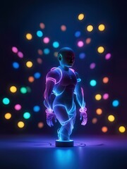 Neon lights futuristic technology background design with 3d cyborg robot character illustration. - 705325545