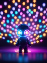 Neon lights futuristic technology background design with 3d cyborg robot character illustration. - 705325549