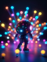 Neon lights futuristic technology background design with 3d cyborg robot character illustration. - 705325551