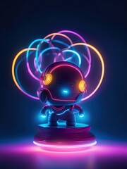 Neon lights futuristic technology background design with 3d cyborg robot character illustration. - 705325571