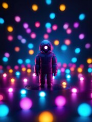 Neon lights futuristic technology background design with 3d cyborg robot character illustration. - 705325573