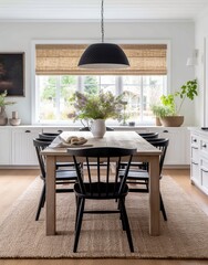 Black and White Farmhouse Dining Room With Natural Accents