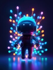 Neon lights futuristic technology background design with 3d cyborg robot character illustration. - 705325591
