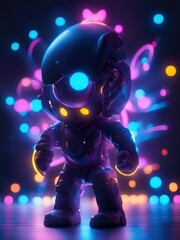 Neon lights futuristic technology background design with 3d cyborg robot character illustration. - 705325598