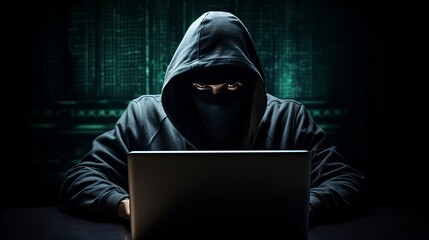 A masked person wearing a black hoodie is using a laptop in a dark room with a green background.