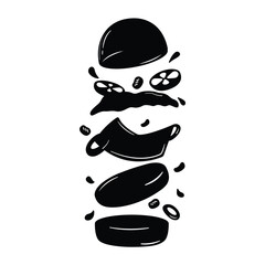 Illustration vector graphic of delicious floating hamburger, with flying ingredients isolated on white background, silhouette black and white color design style