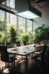 Fototapeta premium Modern office interior with large windows and plants