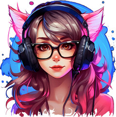 A beautiful gamer girl in glasses with a cat ear headset, isolated clipart on a transparent background