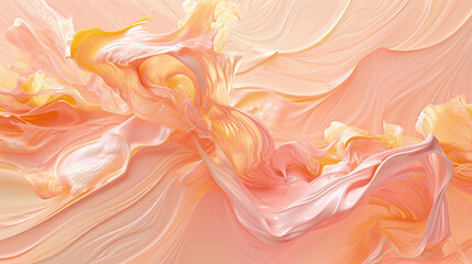 Splash of peach oil paint texture background, abstract pattern of pink yellow fluid. Swirl of colored liquid surface close-up. Concept of art, design, nature, wave, structure