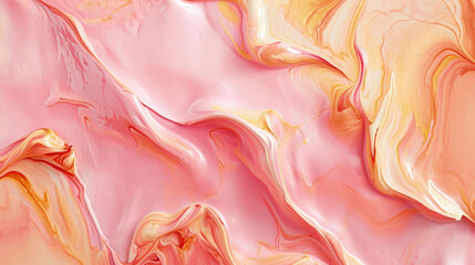 Oil paint like marble texture background, abstract pattern of pink yellow liquid. Peach colored surface close-up. Concept of art, design, nature, wavy structure