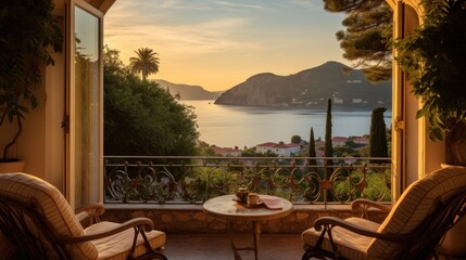 View of the bay from a beautiful and charming villa during sunrise