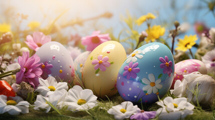 Vibrant flower-painted easter eggs scattered across the lush green grass.