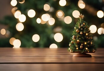 Fototapeta na wymiar Christmas tree defocused background with wooden table in front stock photoChristmas Table Backgrounds Kitchen Christmas
