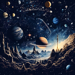 Fototapeta premium Surreal cosmic landscape, rocky terrain foreground, various planets including Saturn, stars, galaxies fill dark space sky