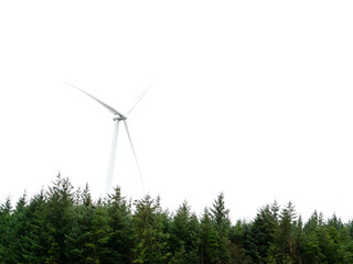 Wind turbine electricity generator on white sky background. Green energy production in nature...