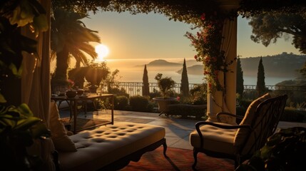 Fototapeta premium View of the bay from a beautiful and charming villa during sunrise