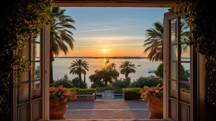 View of the bay from a beautiful and charming villa during sunrise