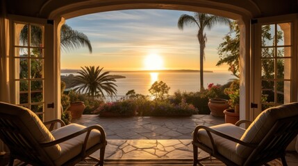 Fototapeta premium View of the bay from a beautiful and charming villa during sunrise