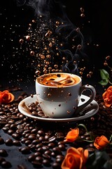 Close-up of a cup of coffee splashing with coffee beans flying in the air on a dark black background