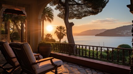 View of the bay from a beautiful and charming villa during sunrise
