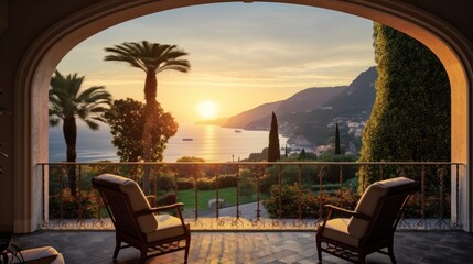 Fototapeta na wymiar View of the bay from a beautiful and charming villa during sunrise