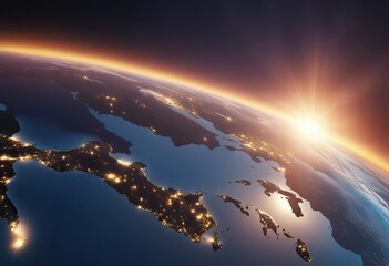 Sunrise Over the World New Day Beautiful Blue Planet Earth and Sun Rising View from Space NASA Data 3d Animation Planet Rotating Skyline Night Cities Modern Business Technology Concept stock