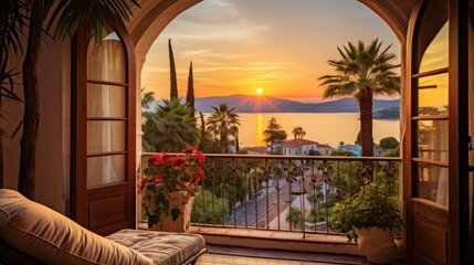 View of the bay from a beautiful and charming villa during sunrise