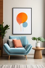 Blue armchair with orange and blue artwork