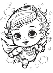 cute baby girl super hero fly coloring book page, white background
