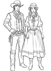 Fototapeta na wymiar cartoon western couple simple, vector, coloring book