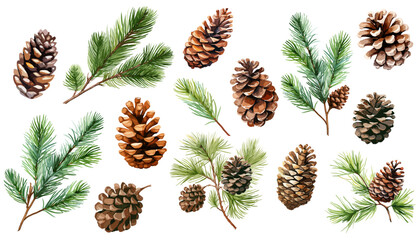 Watercolor pine and pine corn  branches clipart collection.  Isolated on white background vector illustration set. 