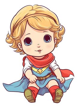 cute baby girl super hero coloring book page, white background