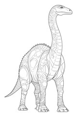 one line Diplodocus coloring book page ,white color background