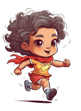 cute baby girl running super hero coloring book page, white background