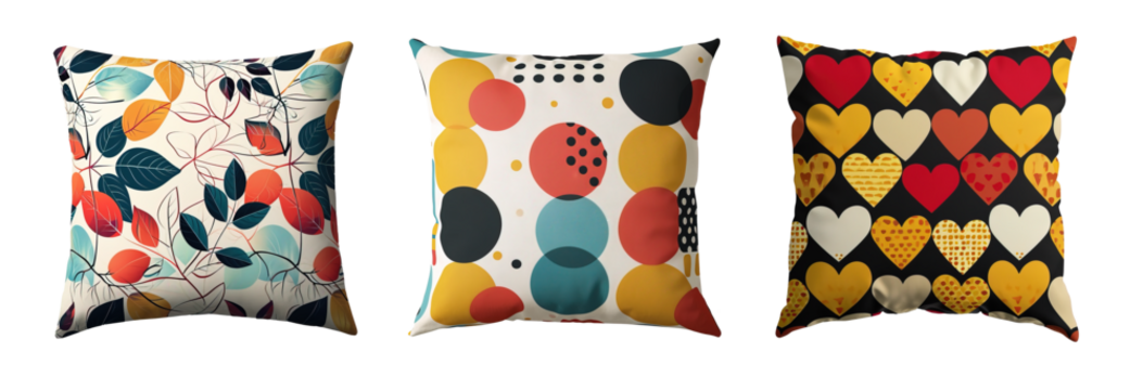Colorful modern decorative pillows over isolated transparent background