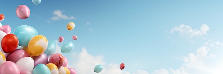 Enchanting Easter Egg Banner. Vibrant Colored Eggs Soaring in the Air on Serene Blue Background