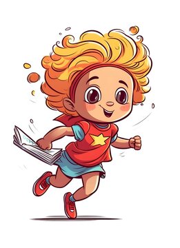 cute baby girl super hero running oloring book page, white background