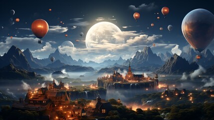 Fantasy landscape with floating city and hot air balloons - obrazy, fototapety, plakaty