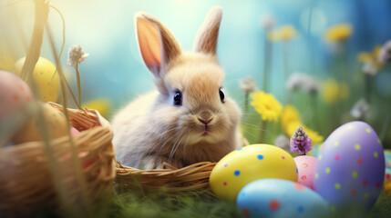 A charming bunny sits in a wicker basket surrounded by a delightful array of colorful eggs, creating a scene of Easter joy and celebration