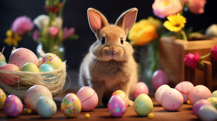 Bunny surrounded by vibrant Easter eggs, capturing the joy and festivity of the Easter season