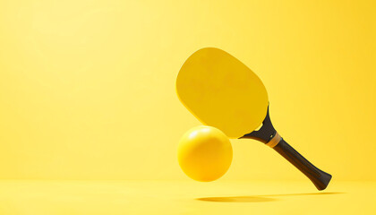 Levitating Pickleball Set. Mockup Yellow Pickleball Paddle and Ball on Monochrome Background. Space For Text. Sports for Seniors. AI Generated