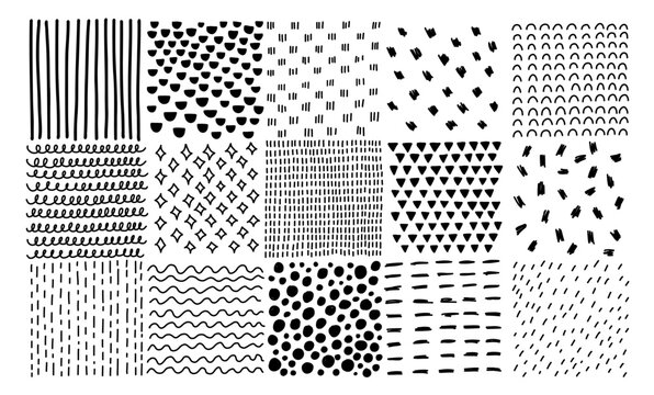 Crosshatch patterns set in hand drawn doodle style. Hatched squares drawing technic, geometric shapes strokes, simple sketch design elements. Vector isolated set of hatching abstract illustrations. 