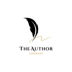 author signature logo, feather quill pen with golden ink logo , vintage Fountain pen logo with gold ink icon