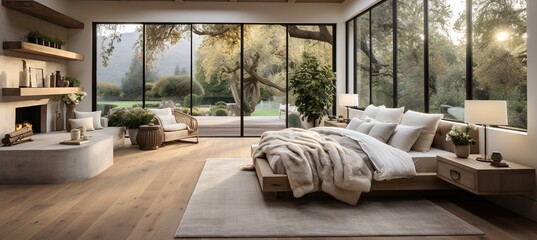 Obraz na płótnie Canvas Modern bedroom interior design with large windows