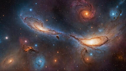 Abstract photoreal space with space smoke shine, galaxies, and other celestial bodies, nebulae