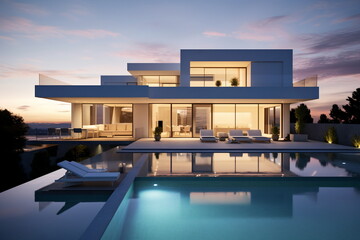 Modern luxury villa with pool and amazing sea view - obrazy, fototapety, plakaty