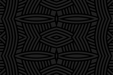 Embossed black background, vintage cover design. Handmade, arabesque, ornamental texture from lines. Geometric ethnic 3D pattern. Tribal traditions of the East, Asia, India, Mexico, Aztec, Peru.